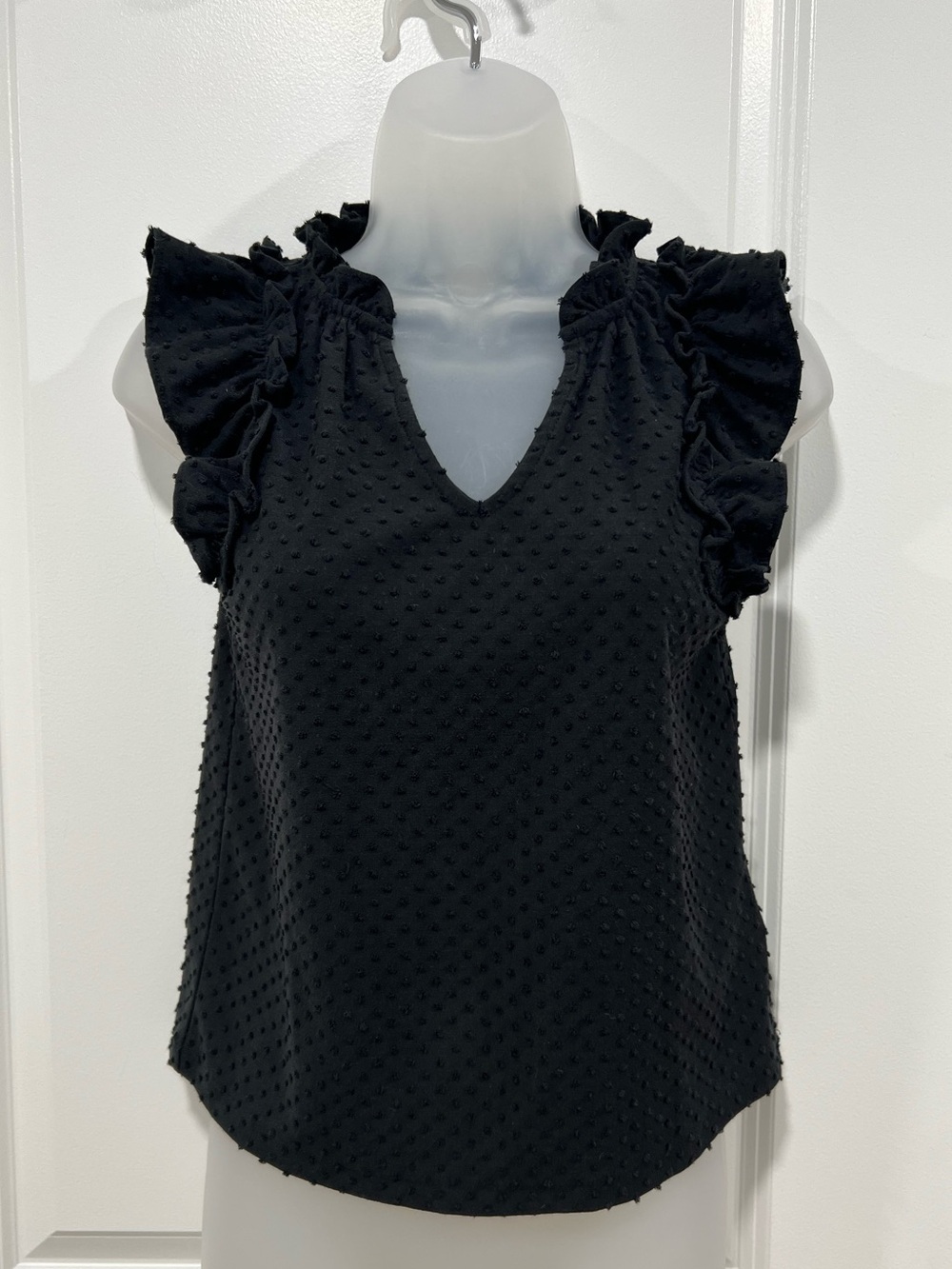 J.Crew Factory Swiss Dot Ruffle Sleeve Top XXS Black V-Neck Blouse